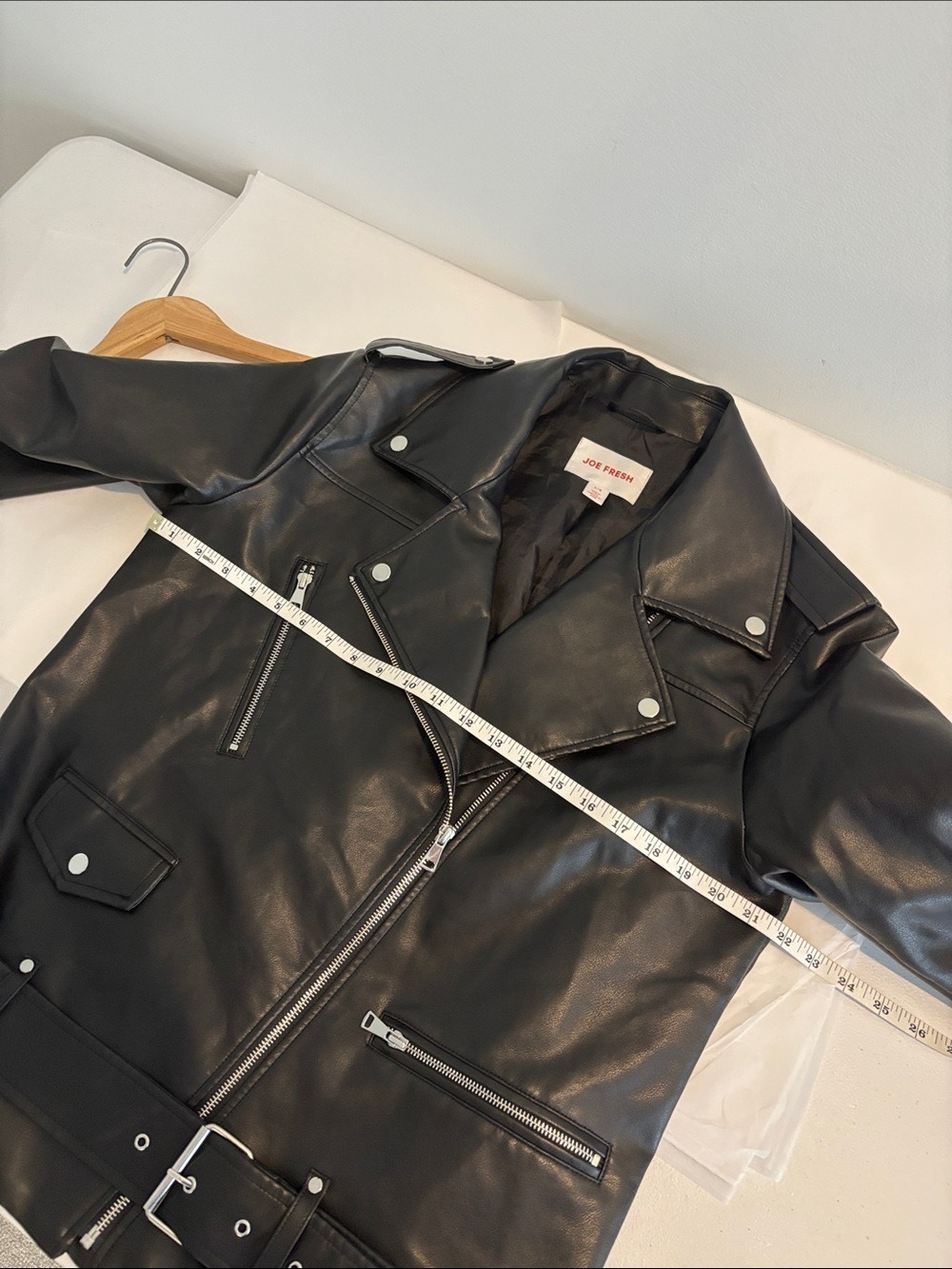 JOE FRESH Black Faux Leather Biker Jacket MOTO jacket with belt size large - Picture 8 of 11